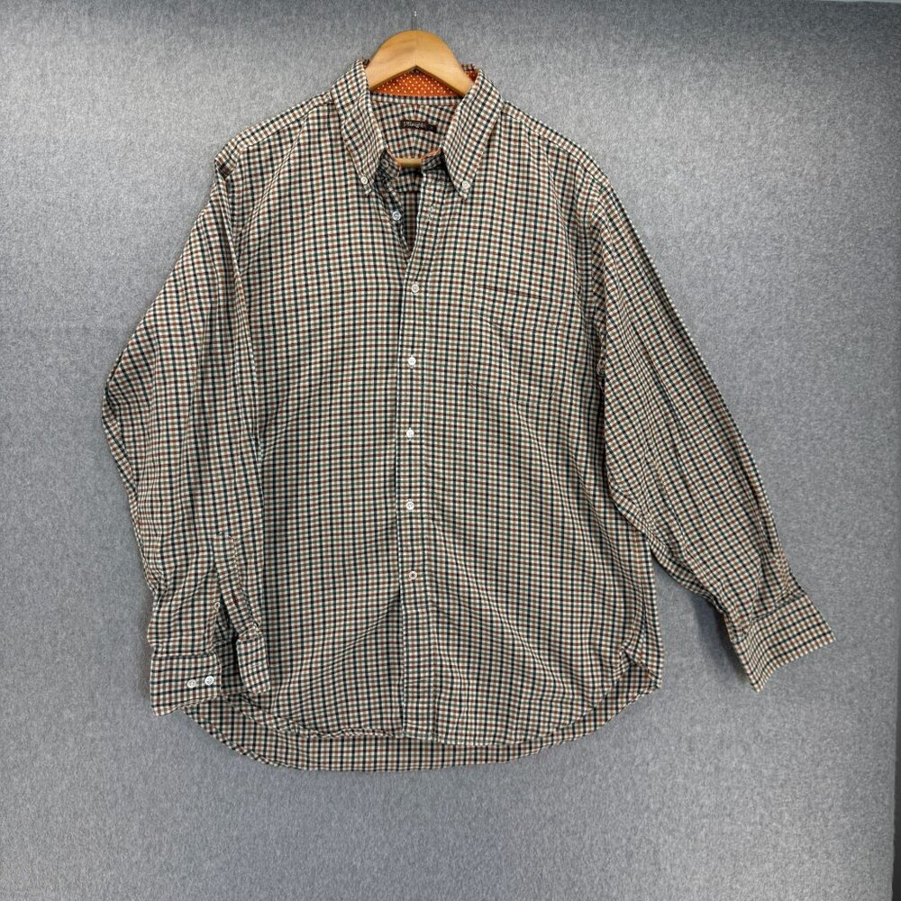 J. McLaughlin Mens XL Button Front Long Sleeve Shirt Brown Green‎ Orange Plaid